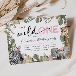 girl&#39;s wild one first birthday invitation, jungle animals, pink, zoo party, girl&#39;s safari theme, wild one party, editable invitation, PAGB