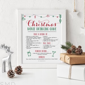 Christmas movie drinking game, holiday movie drinking game, hallmark drinking game, fun party game, social drinking game, party printable