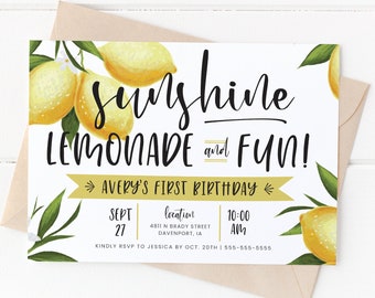 Lemon birthday party invitation editable template, sunshine and lemonade, girl's birthday invitation, summer birthday, instant download, LMN