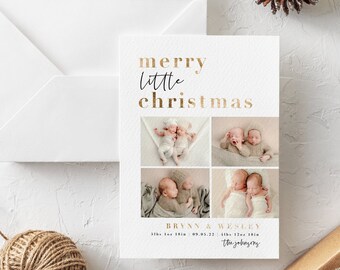 Minimalist holiday birth announcement, merry little christmas announcement, twins pregnancy announcement, printable, editable holiday card