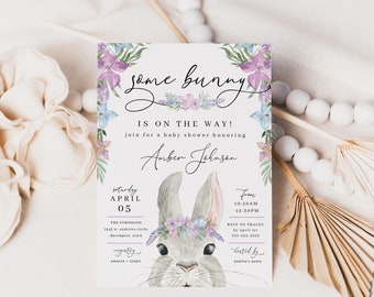 Girl's Bunny Baby Shower Invitation, Spring Floral, Editable Template, EBG