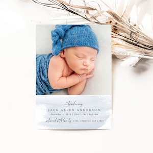 anúncio de nascimento em aquarela azul, anúncio de nascimento de menino, novo bebê, é um menino, convite azul, para impressão, modelo editável