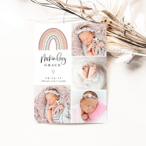 Anuncio de nacimiento de niña arcoíris, hola pequeña, anuncio de nacimiento arcoíris, anuncio de collage de fotos, plantilla editable e imprimible