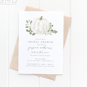 white pumpkin greenery editable invitation, fall pumpkin invitation, eucalyptus, fall birthday, fall wedding invite, instant download, WPMP