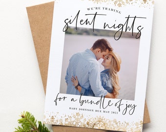 holiday christmas card, pregnancy announcement, trading silent nights, holiday card, pregnancy announcement, printable, editable template