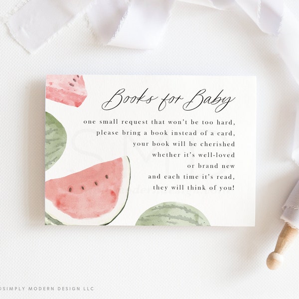 watermelon baby shower books for baby insert card, babies first library, summer baby shower, watermelon theme, instant download, 4x3, WMLN