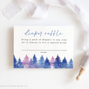 insert de tombola de couches d'arbres à feuilles persistantes d'hiver, billet de tombola de couches de baby shower d'hiver, rose, violet, bleu, téléchargement immédiat, 4 x 3, PPBWL