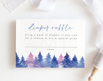 Inserto para rifa de pañales con diseño de árboles de hoja perenne invernales, boleto para rifa de pañales para baby shower invernal, rosa, morado, azul, descarga instantánea, 4x3, PPBWL