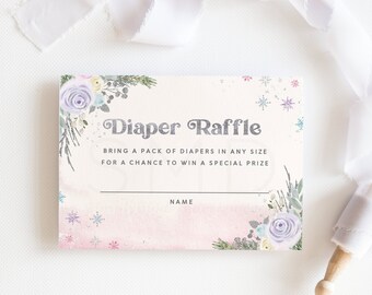 Inserto para rifa de pañales con temática de invierno para niña, baby shower con copos de nieve, boleto para rifa de pañales, copo de nieve rosa, descarga instantánea, 4x3, WWLPPB