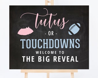 Tutus lub touchdowns tablica powitalna z informacją o płci dziecka, plakat powitalny, impreza z informacją o płci dziecka, tablica z informacją o płci dziecka w piłce nożnej, 16x20, 18x24, TTGR