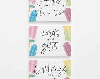 popsicle birthday party signs, cards and gifts sign, take a treat sign, birthdays are sweet, summer birthday, instant download, 5x7, PSCL