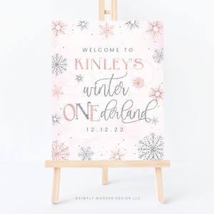 winter girl&#39;s first birthday welcome sign, winter onederland birthday, pink snowflake, winter welcome, yard sign, instant download, WPWL