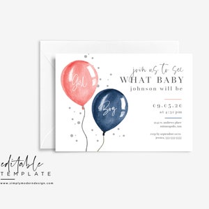 bewerkbare sjabloon voor gender reveal party, gender reveal ballonnen, gender reveal feestuitnodiging, bewerkbare uitnodiging voor feest, direct downloaden,