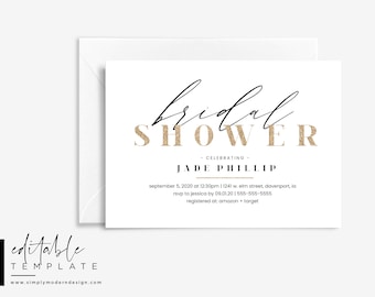editable bridal shower invitation template, gold bridal shower invite, wedding shower invitation, modern invitation, instant download, MDN
