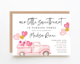 hearts birthday invitation, little sweetheart, valentines party, february birthday, girl's birthday, pink truck, editable invitation, VPGT