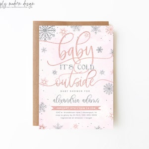 girl winter wonderland baby shower invitation, baby it&#39;s cold outside, pink snowflakes, silver snowflakes, editable, instant download, WPWL