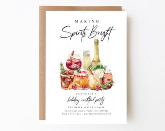 May include: Invitation to a holiday cocktail party with the text "Making Spirits Bright" and a watercolor illustration of various cocktails and a bottle of wine.