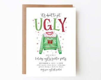 Holiday ugly sweater party invitation, it's about to get ugly, ugly sweater christmas party, eat drink and be ugly, editable invitation