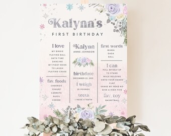 Può includere: Un cartello rosa e bianco per il primo compleanno con un design floreale e fiocchi di neve. Il cartello include il nome "Kalynn's", l'età del bambino, la data di nascita, il peso, i cibi preferiti, i giocattoli preferiti e le cose che il bambino sa fare.