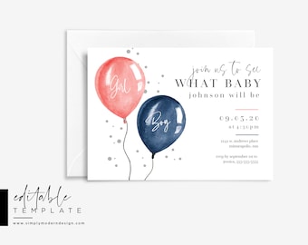 editable gender reveal party template, gender reveal balloons, gender reveal party invite, editable party invitation, instant download,