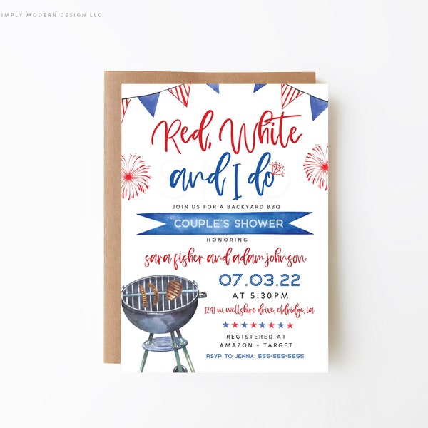 4th of july I Do bbq invitation, patriotic couple's shower, backyard bbq, red white and I do, engagement party, instant download, J4RWB