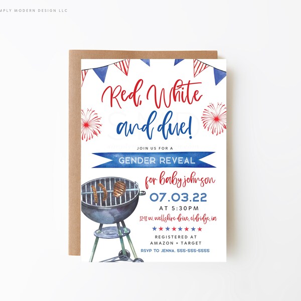 4th of july baby shower bbq invitation, patriotic baby shower, backyard bbq, red white and due, 4th of july reveal, instant download, J4RWB