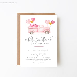 valentine pink truck baby shower invitation, sweetheart on the way, february baby shower, girl's birthday, gold, editable invitation, VPGT