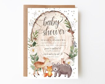 May include: A woodland themed baby shower invitation with a woodgrain background, a white deer, a fox, a bear, and an owl. The text reads "baby shower honoring Jessica Andrews September 2, 2021 at 3:30pm 1232 W. 26th Street Cedar Rapids, IA Jessica is registered at Target & Amazon RSVP to Andrea by Sept. 1st 353-555-3535"