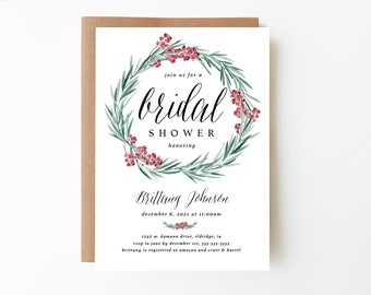 Holiday shower invitation, christmas bridal shower, winter baby shower, winter birthday invite, red berries, winter greenery wreath, WRBW