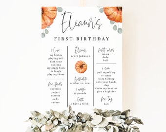 pumpkin milestone poster, minimalist first birthday poster, baby milestone board, 1st birthday, orange pumpkin, eucalyptus, 16x20, 18x24 PMP