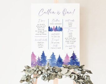 Può includere: Un cartello di compleanno personalizzato su un cavalletto. Il cartello recita "Callen ha un anno!" e dettaglia le preferenze del bambino, tra cui cose preferite, cibi e prime parole. Il design include alberi ad acquerello in tonalità blu e viola.