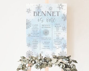 poster traguardo paese delle meraviglie invernale, poster traguardo primo compleanno fiocco di neve blu, bacheca traguardo bambino, onederland, 16x20, 18x24, WBWL
