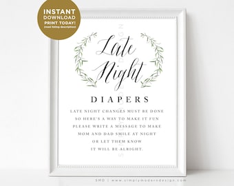 watercolor greenery late night diapers sign, baby shower sign, baby shower game, write on the diaper, make mom laugh, woodland theme, AF1