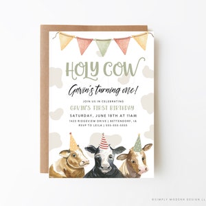 holy cow boy&#39;s birthday invitation, farm birthday, editable invitation, cow invitation, barnyard birthday, green, instant download, HLYCW
