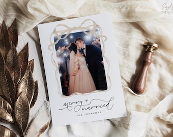 Tarjeta de primera boda navideña con lazo dorado / Agradecimiento por la boda navideña / Feliz y casado