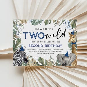 boy&#39;s two wild second birthday invitation, jungle animals, blue, zoo party, boy&#39;s party animals invitation, party animals, editable, PABB