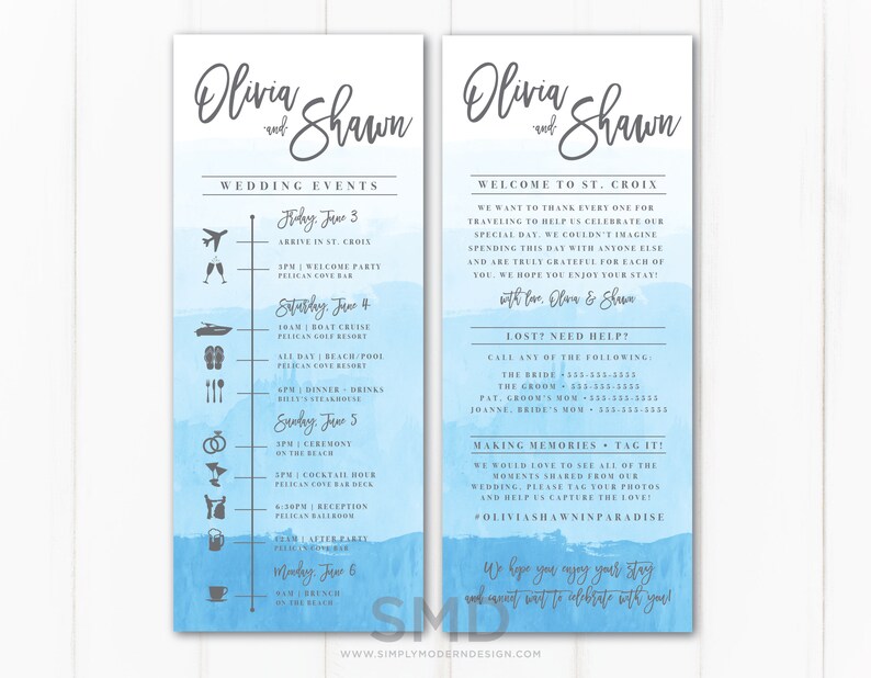 Watercolor Destination Wedding Itinerary Timeline Ombre Etsy