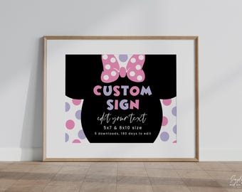EDYTOWALNY, spersonalizowany znak dla dziewczynki z Minnie, znak z motywem myszy, uszy myszy, spersonalizowany znak na imprezę, znak Oh Toodles, Hot Diggity Dog, 8x10, 5x7, MMS