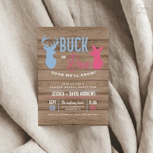 buck or doe gender reveal party invitation, editable party invitation, hunting gender reveal party, navy, fuschia, instant download, BDGR