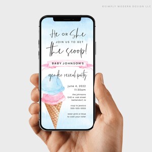editable ice cream gender reveal phone invite, phone ice cream invitation, electronic invite, gender reveal, evite, instant download, ICC image 2