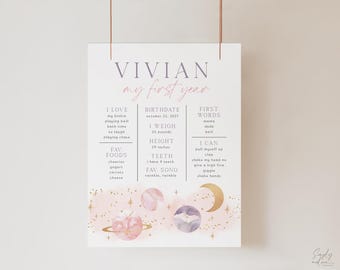 girl's space theme birthday milestone poster, girl's first trip around the sun, galaxy birthday sign, 1st birthday poster, editable, OTMG