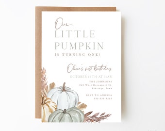 fall pumpkin birthday invitation, gender neutral pumpkin birthday, sage pumpkin, dusty blue, boy's first birthday, editable invite, BGPMP