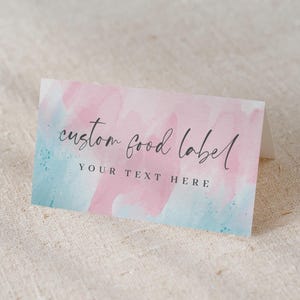 Tarjetas de revelación de género editables, etiqueta de comida rosa y azul, revelación de género, tarjeta de revelación de género para baby shower, descarga instantánea, doblada 2x3.5, WBGR
