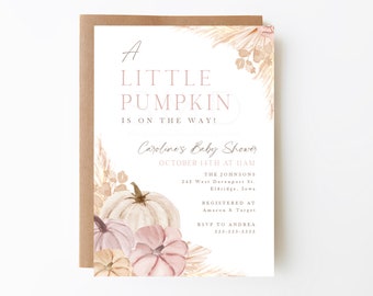 boho girl's fall pumpkin baby shower invitation, pumpkin theme baby shower, pink, purple, girl's baby shower, minimalist, editable, BGPMP