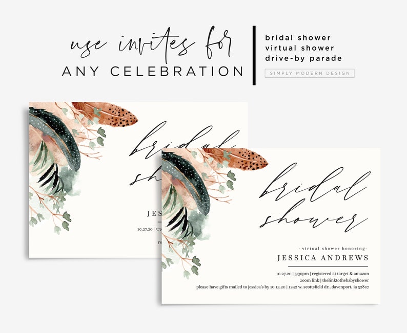 wedding shower minimalist FFTH fall instant download editable template boho bridal shower dinner invitation party printable feathers