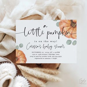 orange pumpkin baby shower invitation, fall baby shower invite, greenery, eucalyptus, little pumpkin is on the way, editable invite, PMP