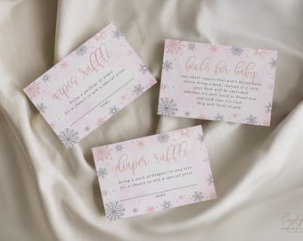 3 inserti rosa a forma di fiocco di neve per rivelare il sesso del bambino, inserti per la lotteria di pannolini e salviette, libri per neonati, baby shower per bambine, download immediato, 3,5x5, WPWL