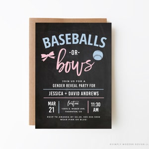 baseballs or bows gender reveal party invitation, baseball gender reveal invitation, pink bows, blue baseball, editable invitation, BB1