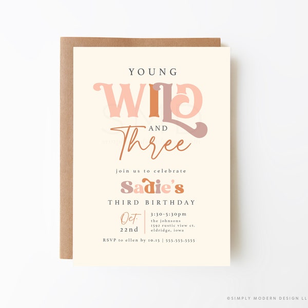 girl's retro wild and three 3rd birthday invite, young wild and three, boho third birthday, vintage theme, disco, editable template, WLDRT