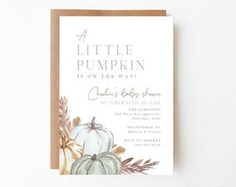 fall pumpkin baby shower invitation, gender neutral baby shower, sage pumpkin, dusty blue, boy's baby shower, editable invite, BGPMP